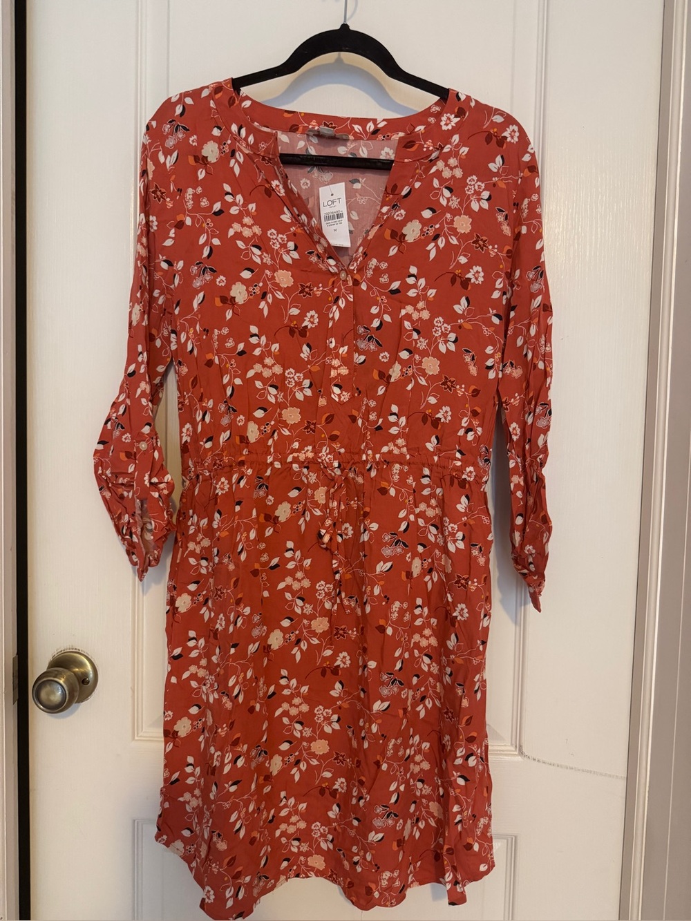 LOFT Rust Floral Long-Sleeve Drawstring Dress